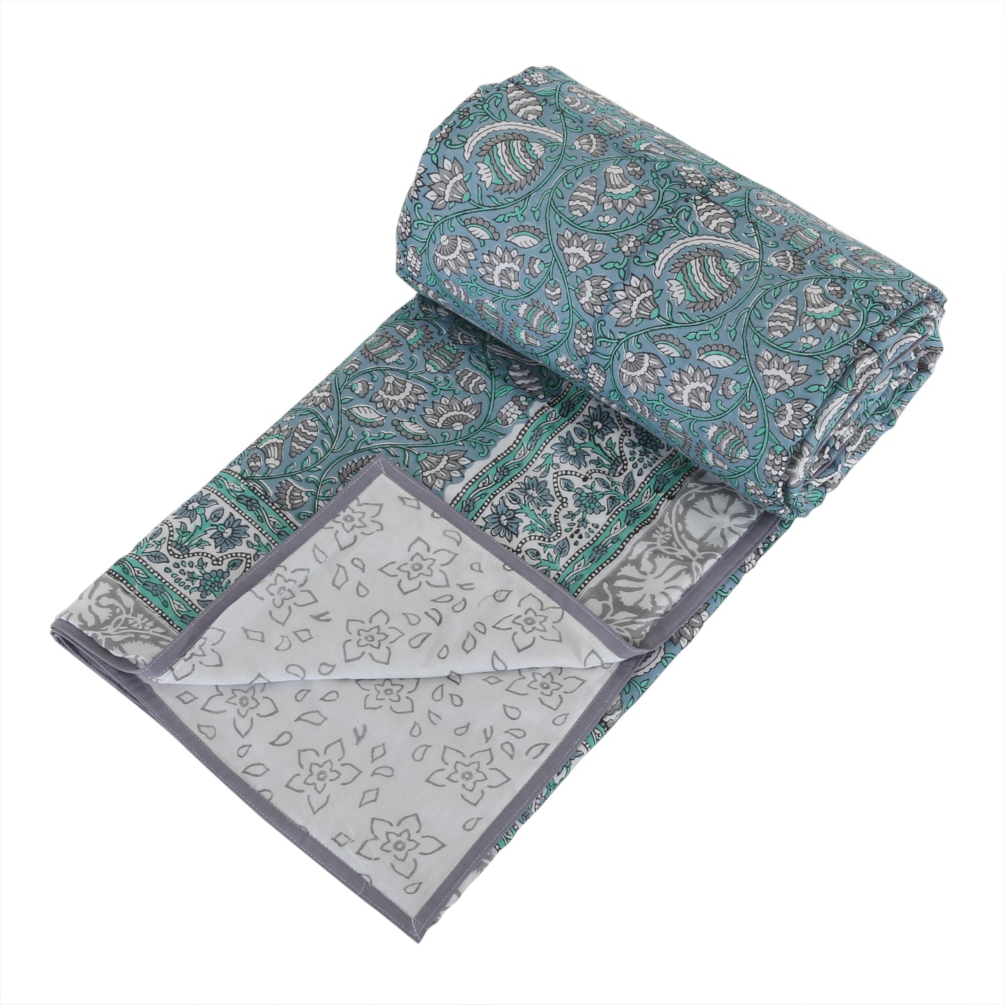 Block Printed Cotton Blanket - Double Dohar ( 90 x 108 Inches) - Green Grey Net