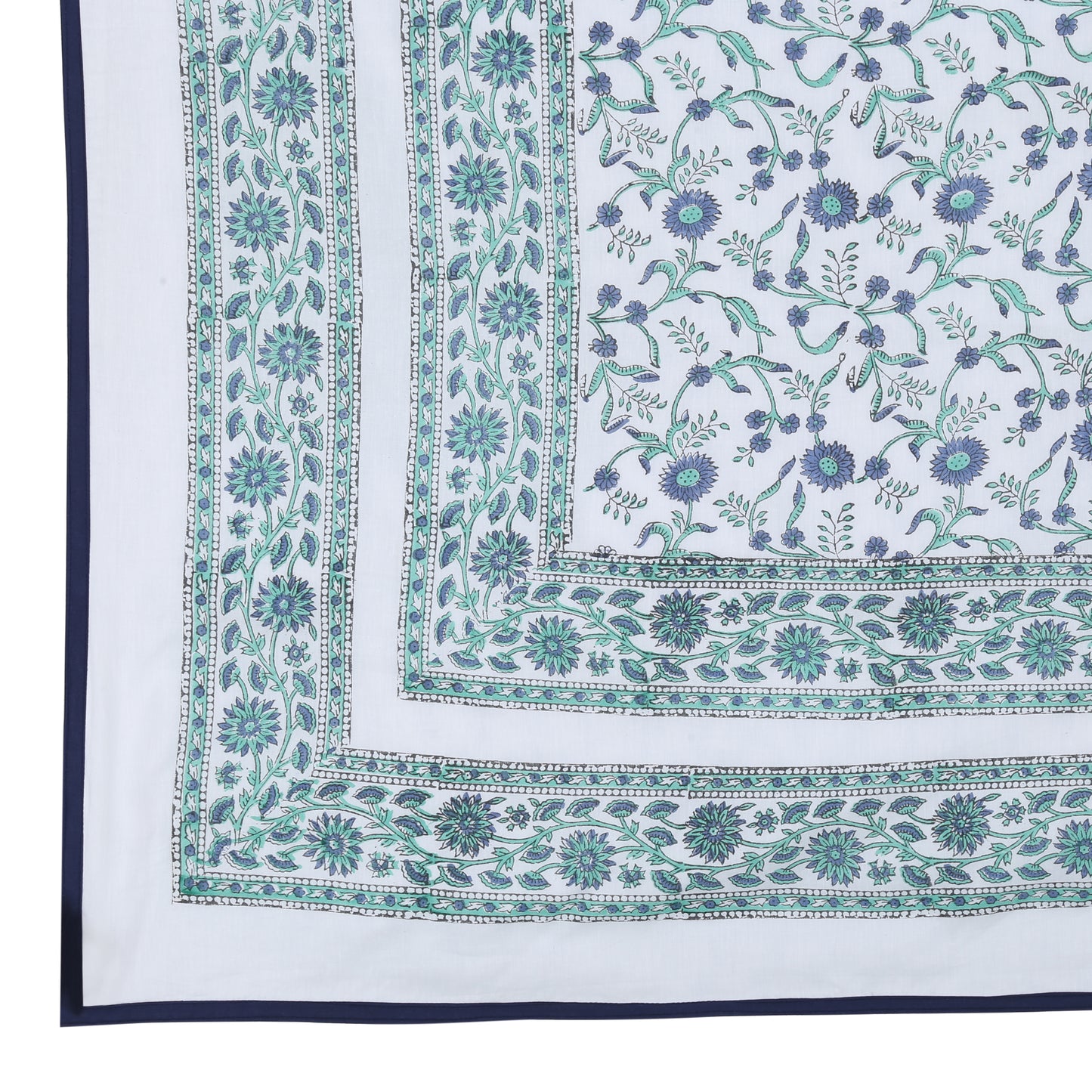 Block Printed Cotton Blanket - Double Dohar ( 90 x 108 Inches) - Blue Green Floral