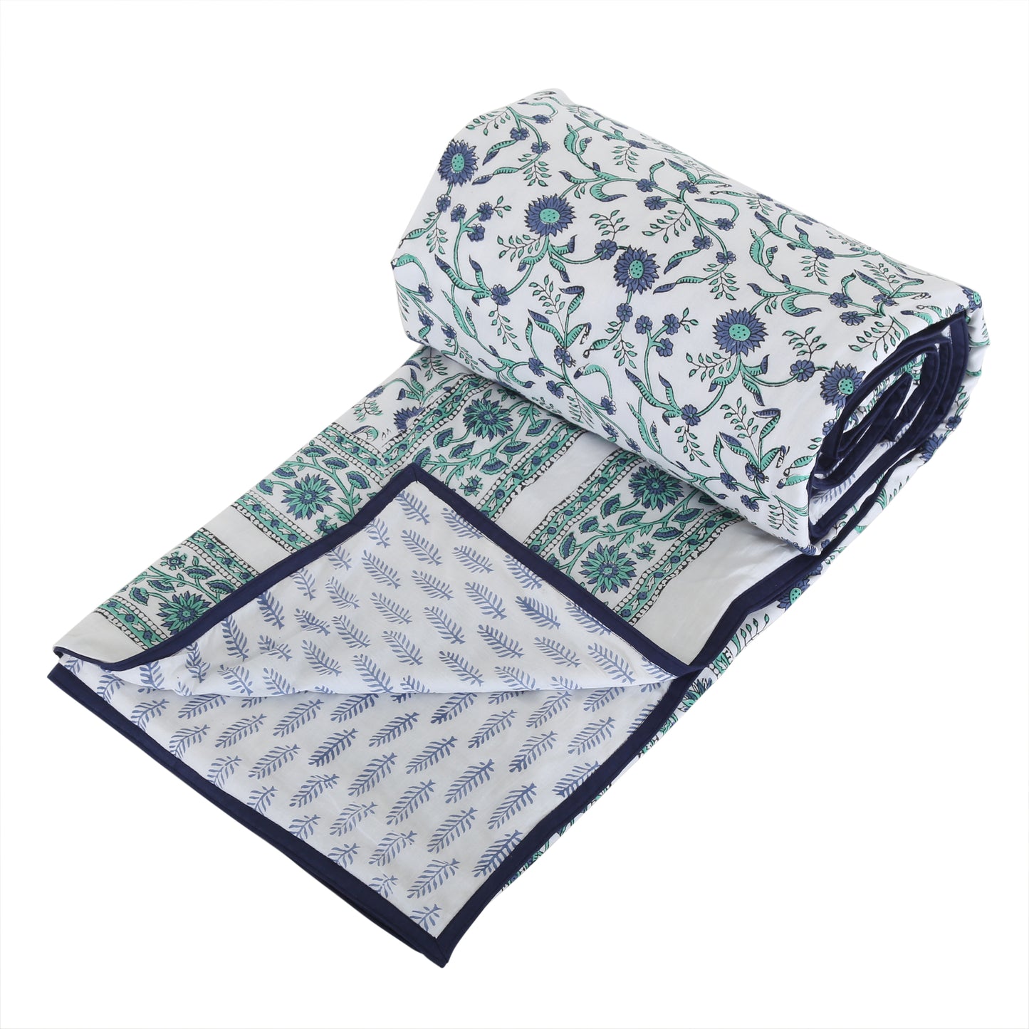 Block Printed Cotton Blanket - Double Dohar ( 90 x 108 Inches) - Blue Green Floral