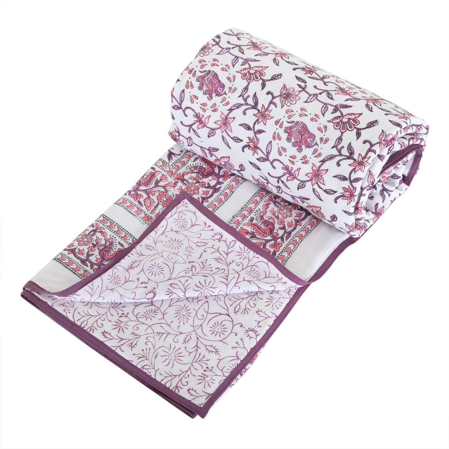 Block Printed Cotton Blanket - Double Dohar ( 90 x 108 Inches) - Pink Floral