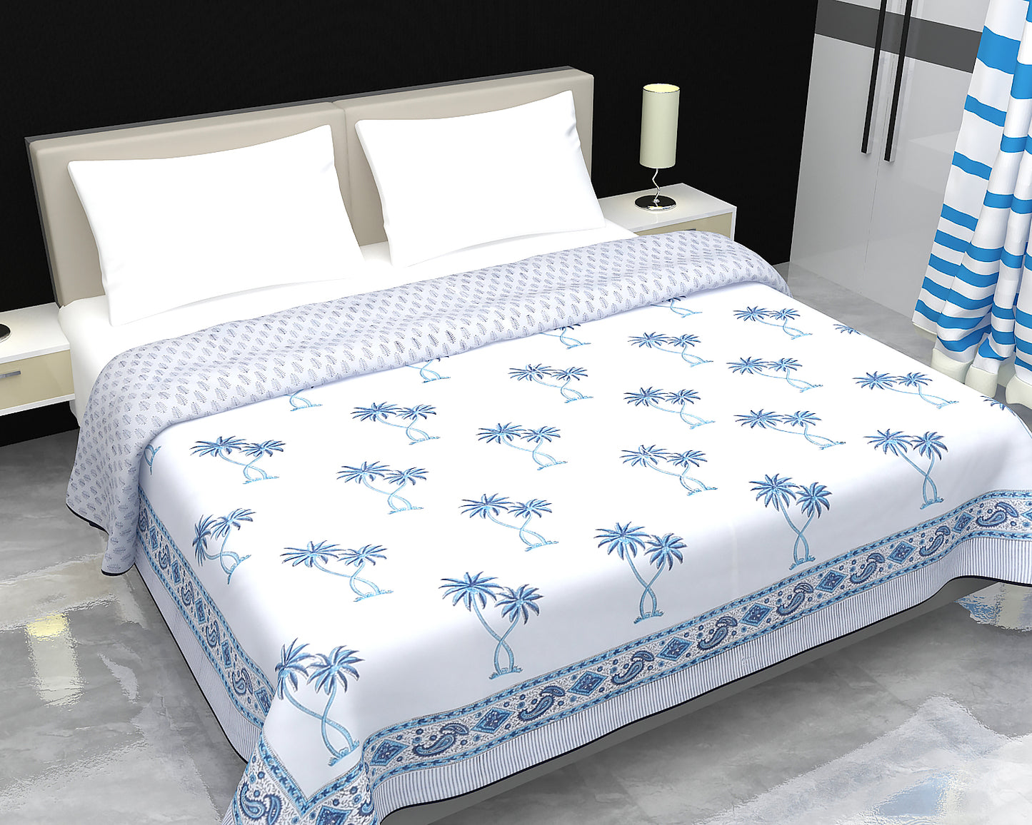 Block Printed Cotton Blanket - Double Dohar ( 90 x 108 Inches) - Blue Coconut Tree