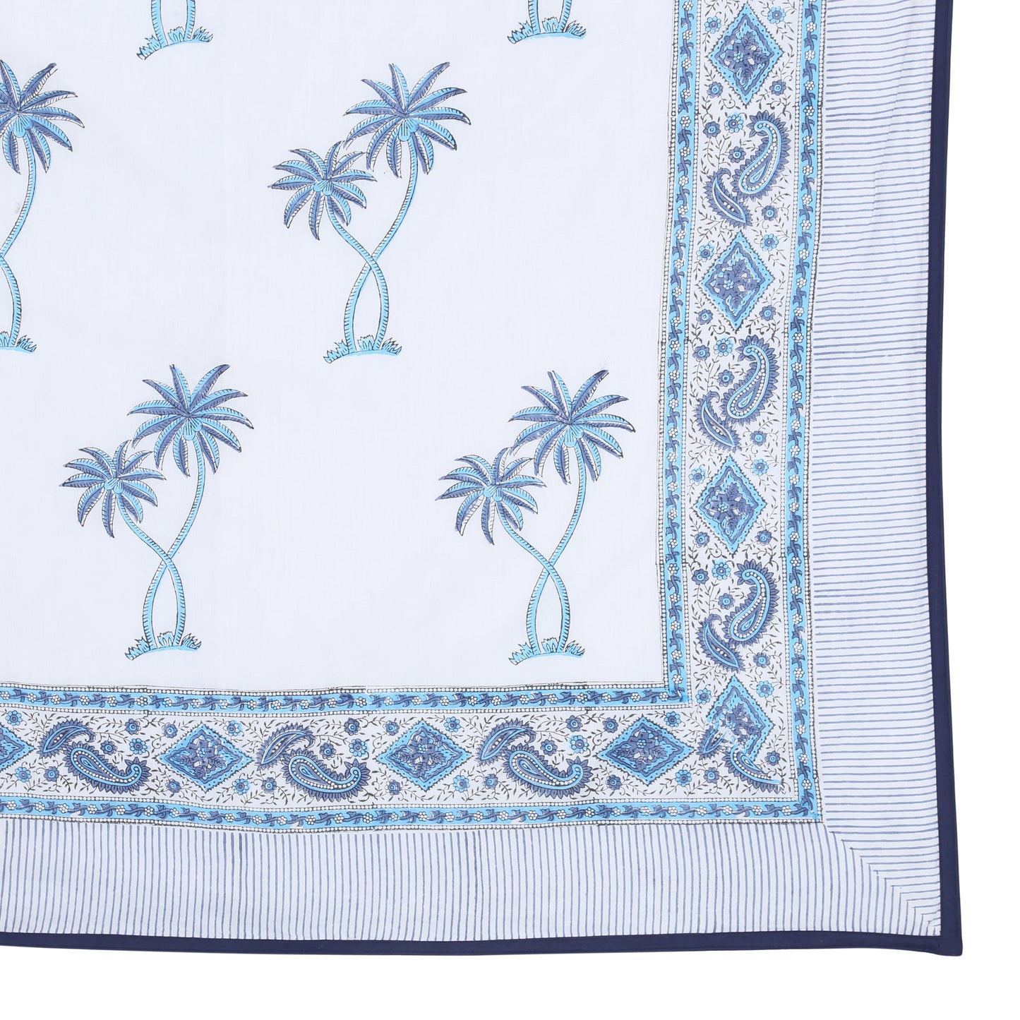 Block Printed Cotton Blanket - Double Dohar ( 90 x 108 Inches) - Blue Coconut Tree