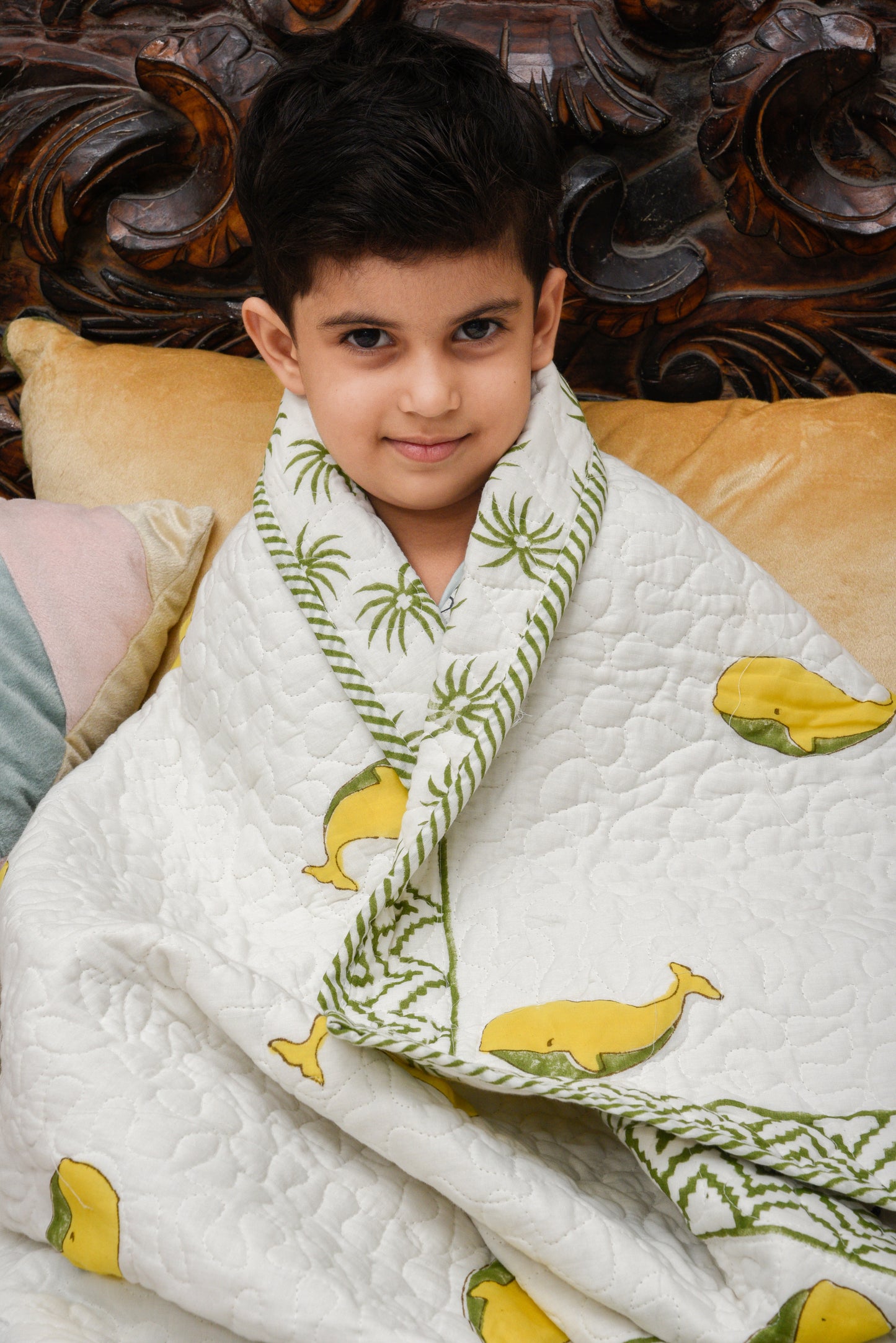 Hand Block Printed Cotton Baby Quilt (Rajai) – Quilted, 60x40 inches (100x150 cm) Green Yellow Dolphin