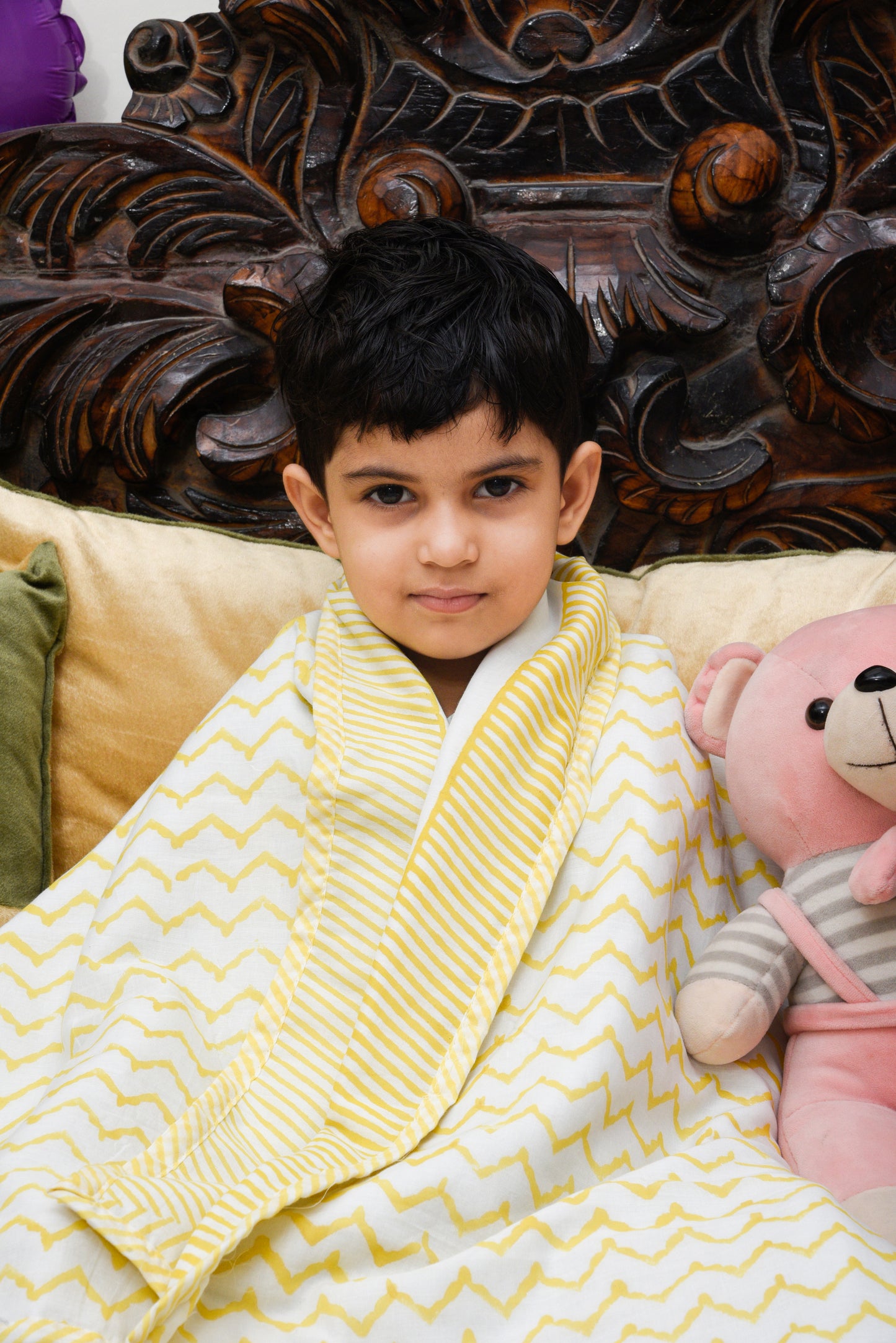 Hand Block Printed Cotton Baby dohar blanket, 60x40 inches (100x150 cm) Yellow Lion