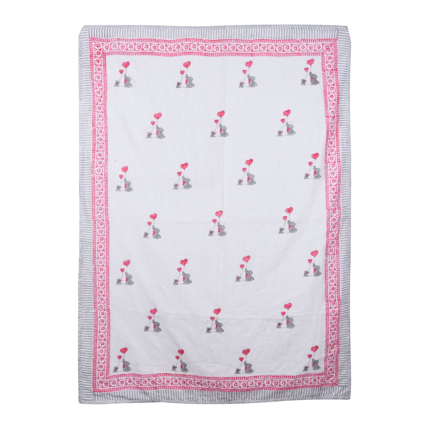 Hand Block Printed Cotton Baby dohar blanket, 60x40 inches (100x150 cm) (Pink Grey Baby Elephant)