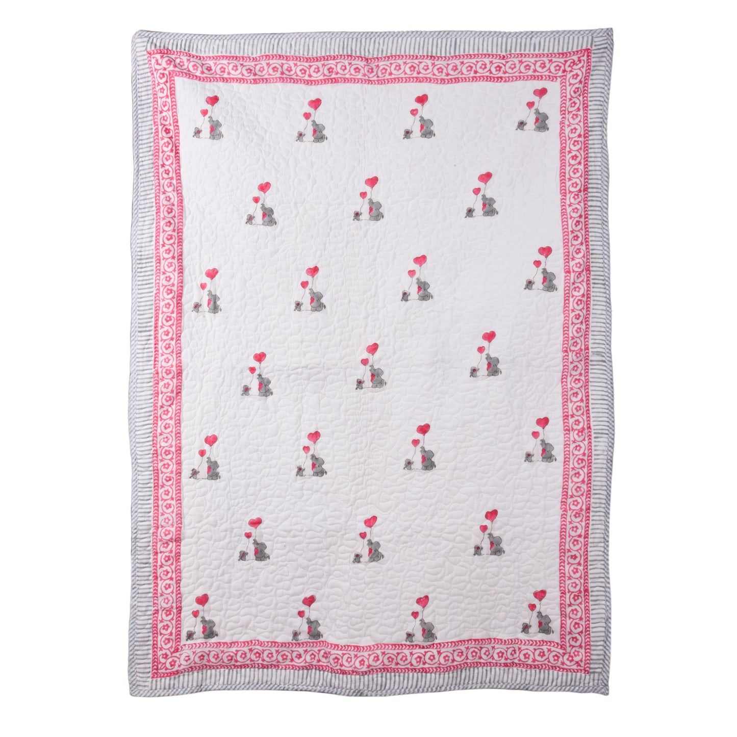 Hand Block Printed Cotton Baby Quilt (Rajai) – Quilted, 60x40 inches (100x150 cm) Pink Grey Baby Elephant