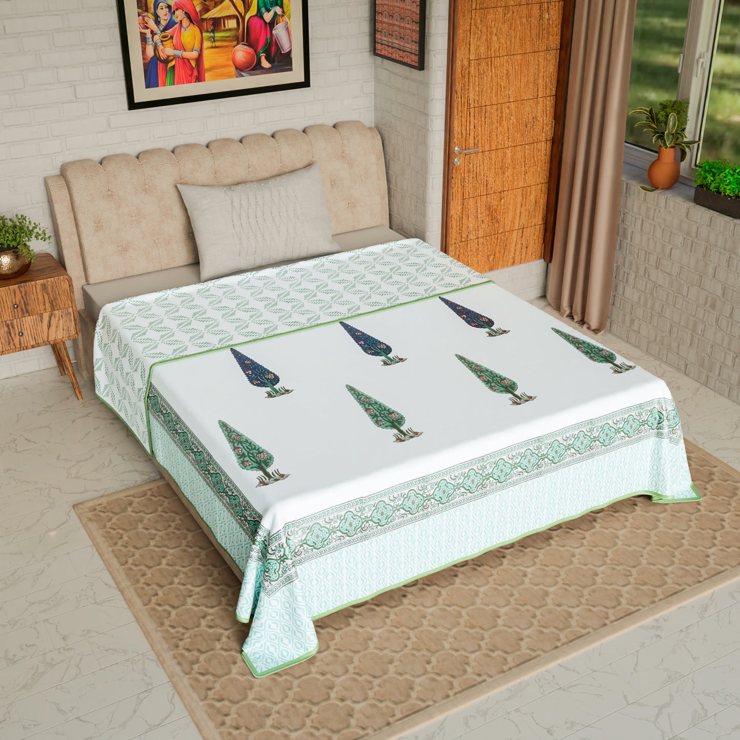 Cotton Blanket - Single Dohar ( 60 x 90 Inches) Blue green Palm