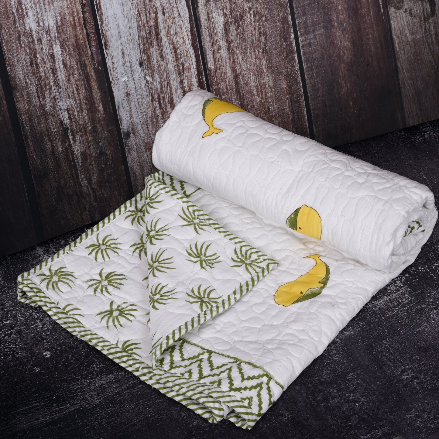 Hand Block Printed Cotton Baby Quilt (Rajai) – Quilted, 60x40 inches (100x150 cm) Green Yellow Dolphin