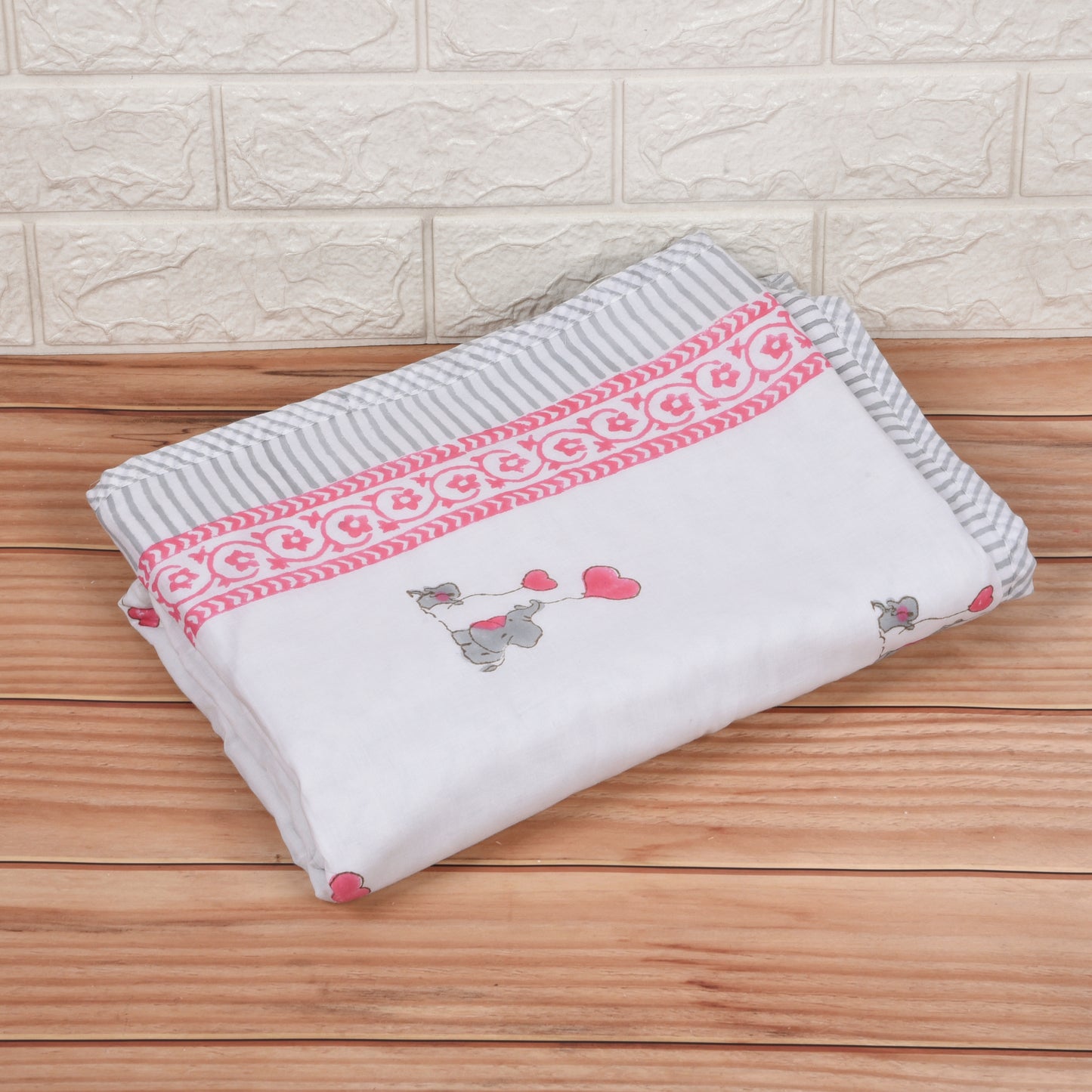 Hand Block Printed Cotton Baby dohar blanket, 60x40 inches (100x150 cm) (Pink Grey Baby Elephant)