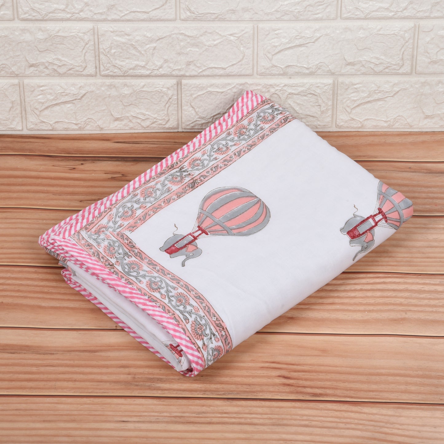 Hand Block Printed Cotton Baby dohar blanket, 60x40 inches (100x150 cm) Peach Pink Baloon