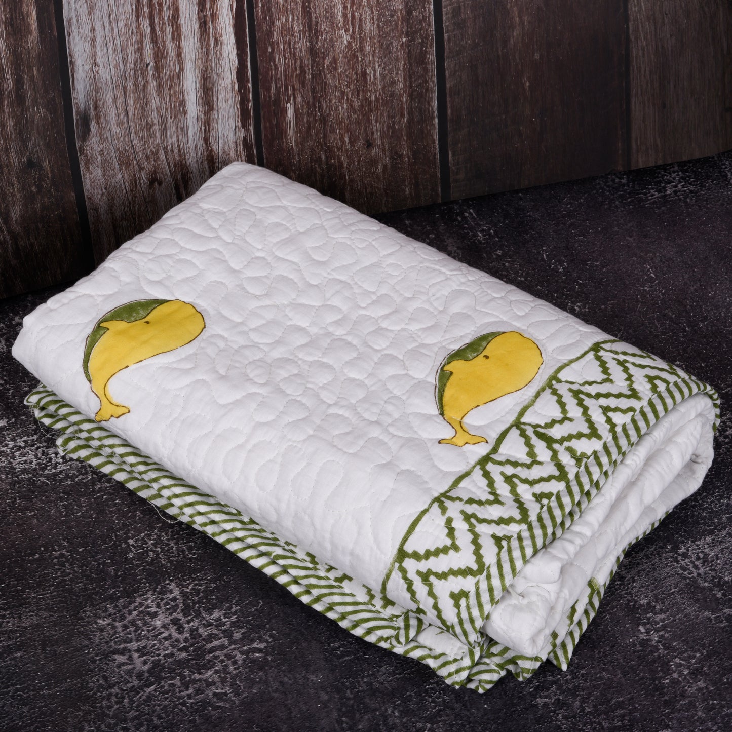 Hand Block Printed Cotton Baby Quilt (Rajai) – Quilted, 60x40 inches (100x150 cm) Green Yellow Dolphin