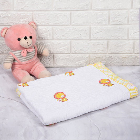 Hand Block Printed Cotton Baby Quilt (Rajai) – Quilted, 60x40 inches (100x150 cm) Yellow Lion