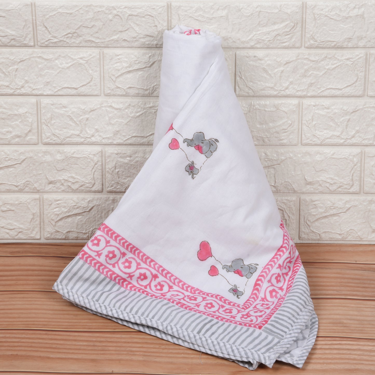 Hand Block Printed Cotton Baby dohar blanket, 60x40 inches (100x150 cm) (Pink Grey Baby Elephant)