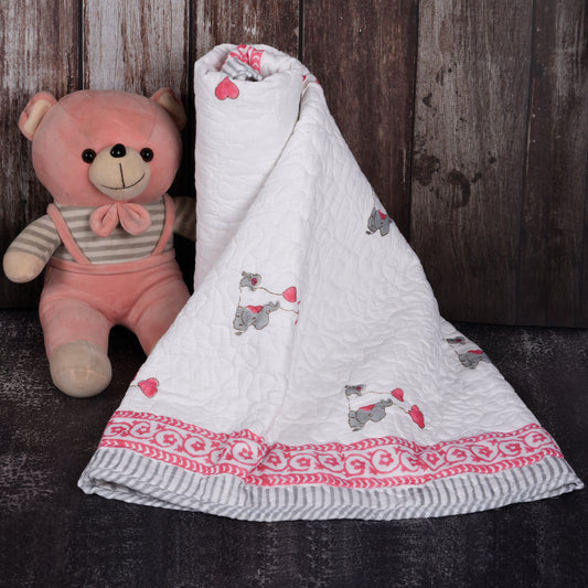 Hand Block Printed Cotton Baby Quilt (Rajai) – Quilted, 60x40 inches (100x150 cm) Pink Grey Baby Elephant