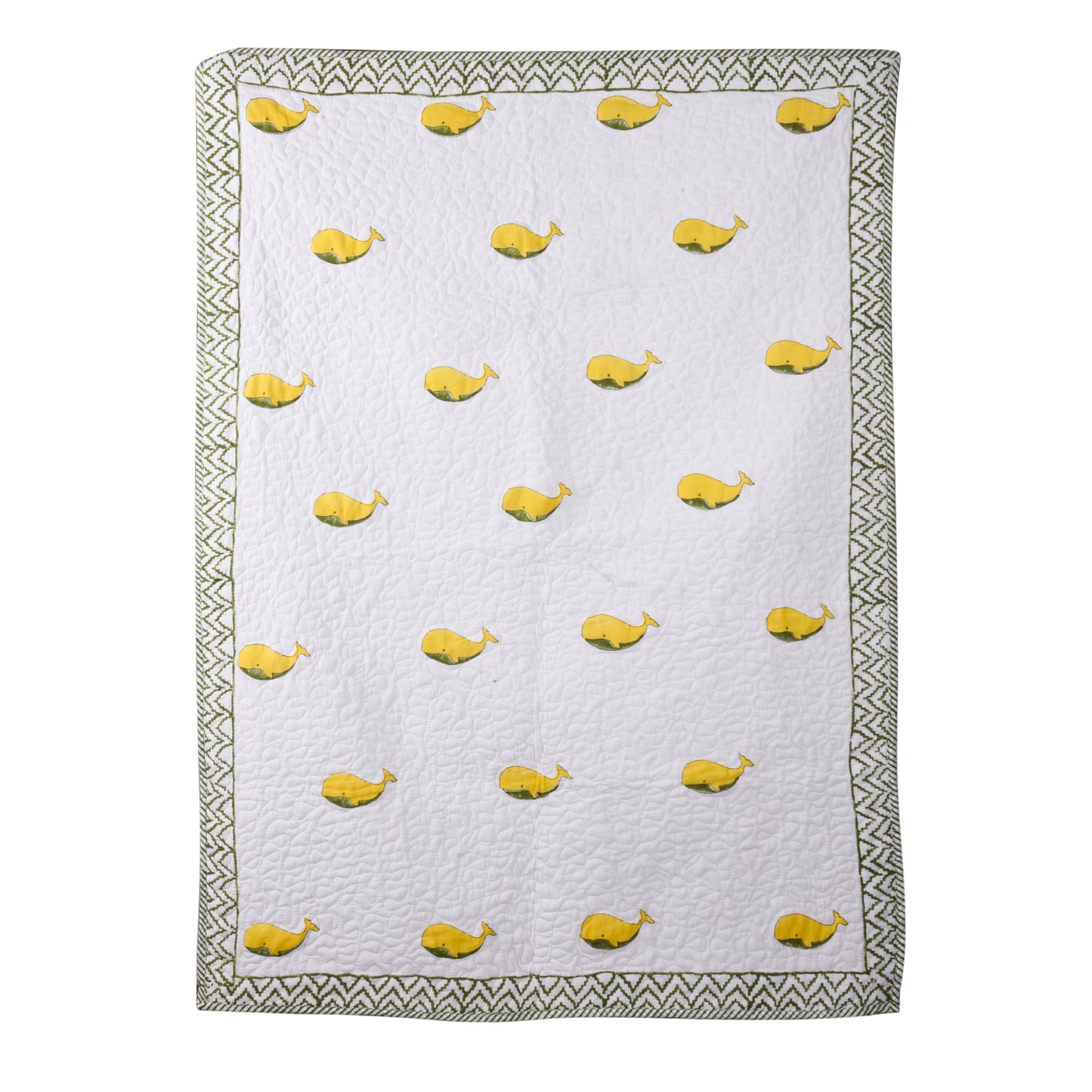 Hand Block Printed Cotton Baby Quilt (Rajai) – Quilted, 60x40 inches (100x150 cm) Green Yellow Dolphin