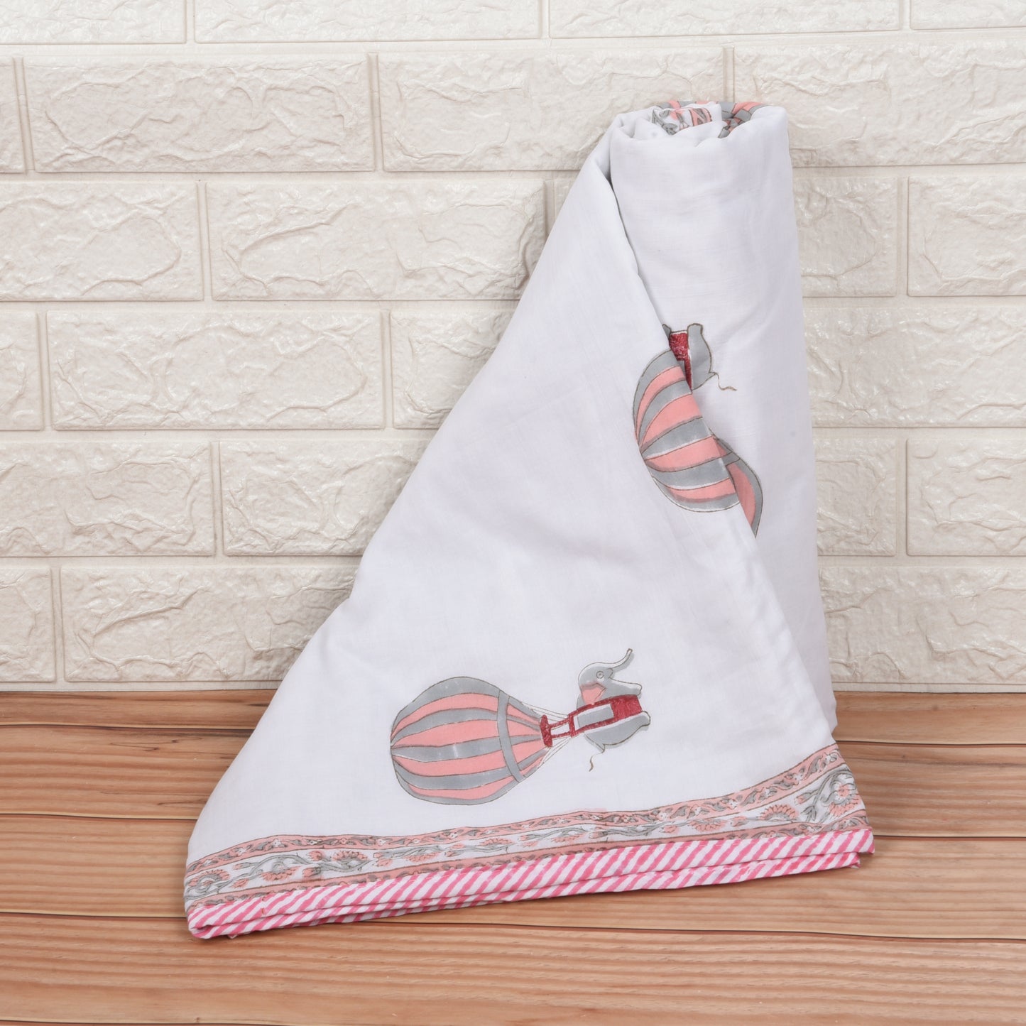 Hand Block Printed Cotton Baby dohar blanket, 60x40 inches (100x150 cm) Peach Pink Baloon