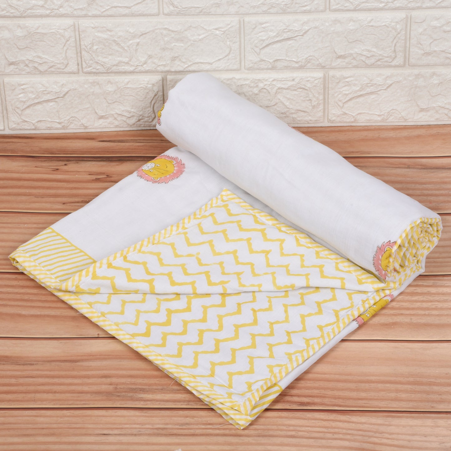 Hand Block Printed Cotton Baby dohar blanket, 60x40 inches (100x150 cm) Yellow Lion