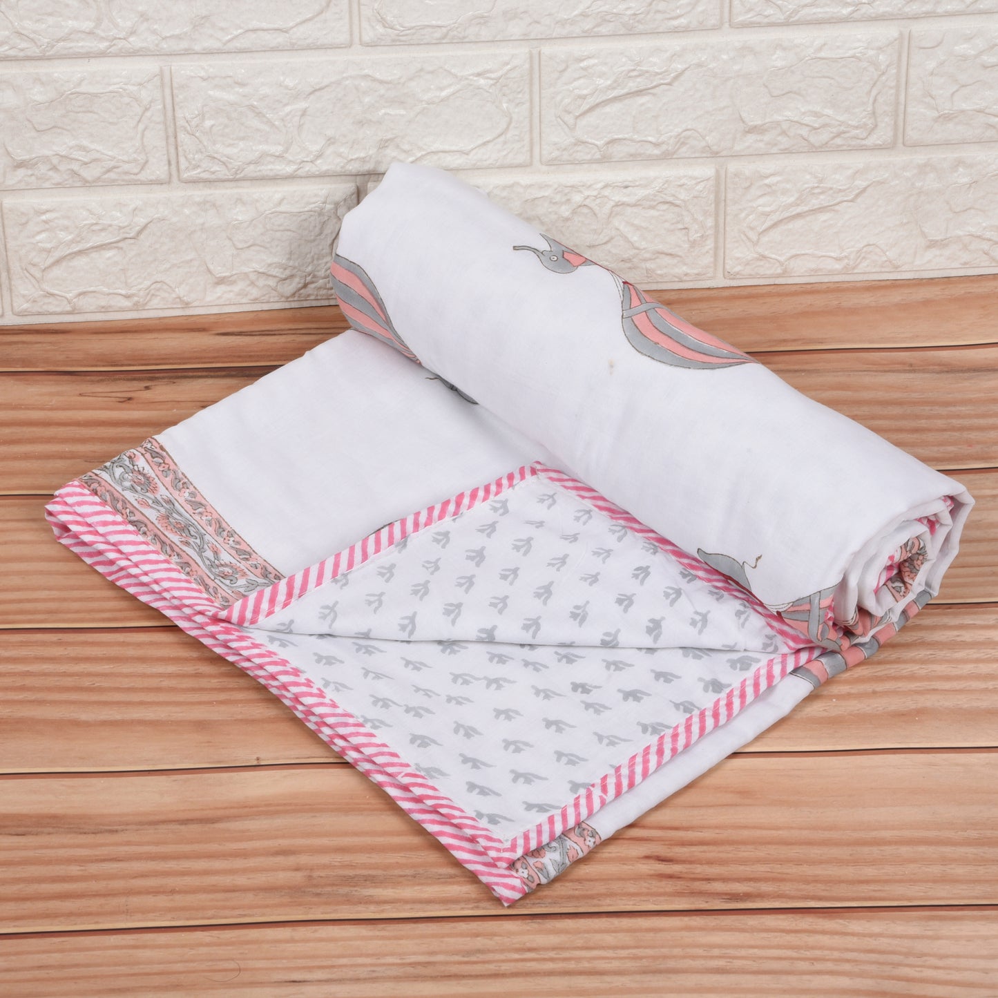 Hand Block Printed Cotton Baby dohar blanket, 60x40 inches (100x150 cm) Peach Pink Baloon